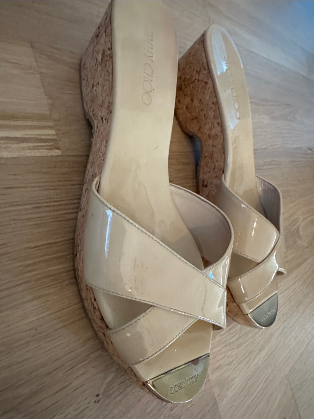 Jimmy Choo Beige Patent Cork Wedge Sandals Used size 40 1/2